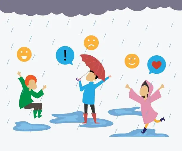 Vector illustration of Children Using Umbrella playing Under The Rain