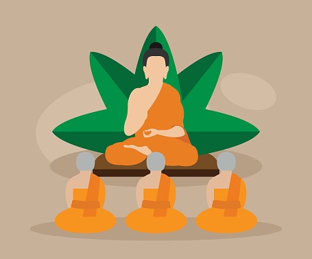 Monks meditating in front of the BUddha statue flat vector illustration