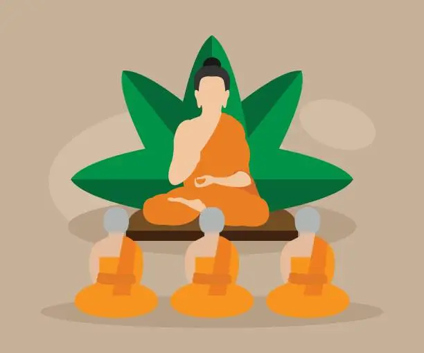 Vector illustration of Monks meditating in front of the BUddha statue