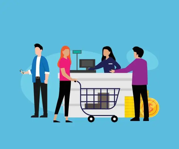 Vector illustration of Cashier, checkout counter and buyer pays purchase in supermarket