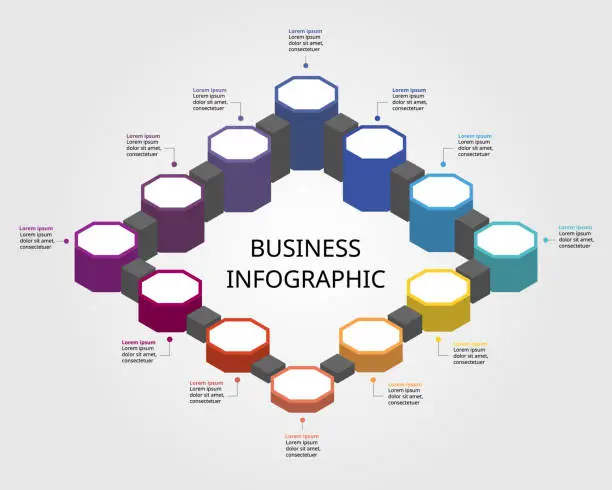 Vector illustration of Octagon step chart template for infographic for presentation for 12 element timeline