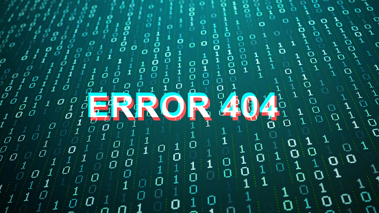 Green digital binary code moving with warning system password Error 404 alert. Motion Graphic.