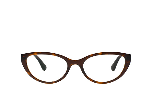 Front view of.a pair of cat eye shape glasses with a tortoiseshell colour frame on a plain white background. Copy space.