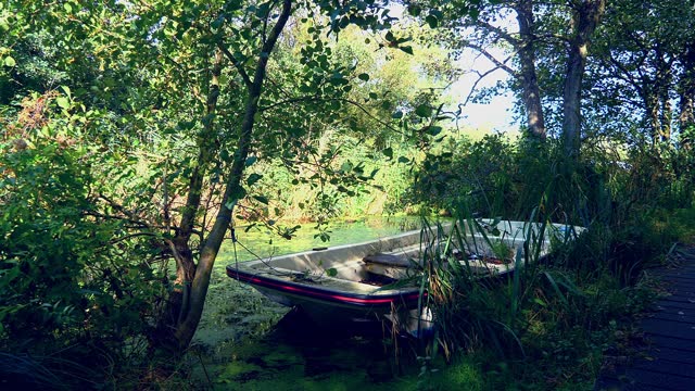 A well hidden square fronted dinghy boat in a lagoon surrounded by trees on a hot summer day