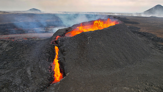 Fagradalsfjall, Hot lava and magma coming out of the crater, on the Reykjanes Peninsula, Iceland, Aug 2023