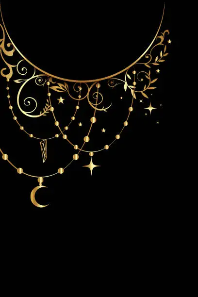 Vector illustration of Mystic celestial golden frame with stars, floral, crescent, and copy space in boho style. Ornate magical banner with a place for text. Vector gold border isolated on black background