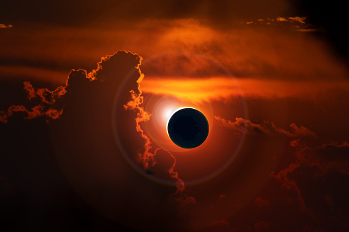 Total eclipse of the Sun. The moon covers the sun in a solar eclipse photo