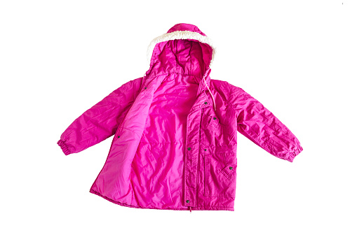 Pink winter jacket isolated on white background,  Winter jacket with hood and fur