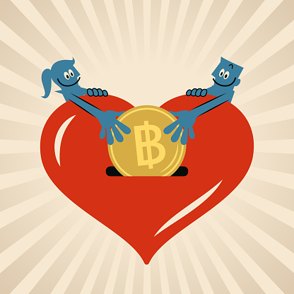Blue Cartoon Characters Design Vector Art Illustration.
A woman and a man are putting money into a big Love heart happily.