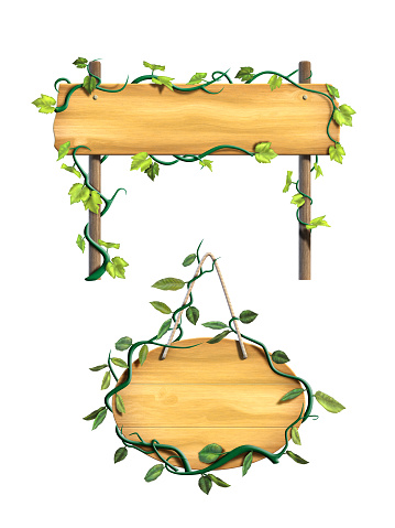 Some wood signs framed by leafy vines. Digital illustration, 3D render.
