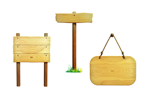 Various wooden signs, clipping path included. Digital illustration, 3D render.