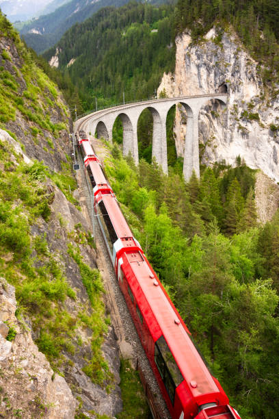 istock Swiss red train on viaduct in mountain, scenic ride 2083547187