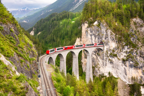 istock Swiss red train on viaduct in mountain, scenic ride 2083547204