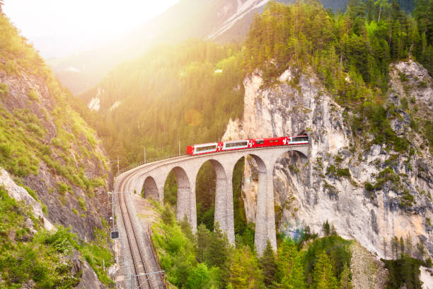 istock Swiss red train on viaduct in mountain, scenic ride 2083547724