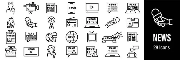 Vector illustration of News Web Icons. Press, Microphone, Fake News, Journalist, TV. Vector in Line Style Icons