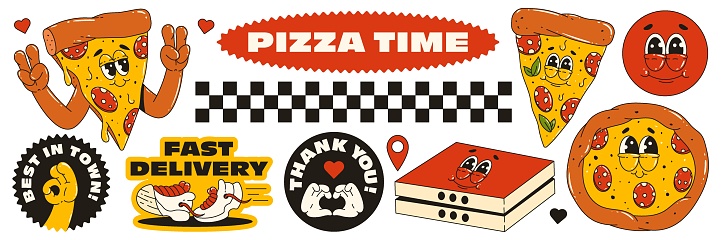 A pizza delivery theme set in the trending retro groovy style. Pizza character, stickers with words of thanks to the customer and fast delivery.