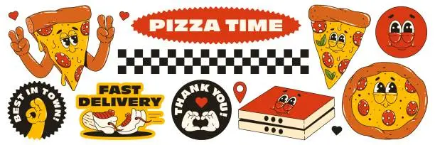 Vector illustration of A pizza delivery theme set in the trending retro groovy style. Pizza character, stickers with words of thanks to the customer and fast delivery.