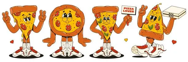 Vector illustration of A set of cool pizza characters in sneakers and various poses. Trendy retro groovy style. Maskots for bar, restaurant, cafe.