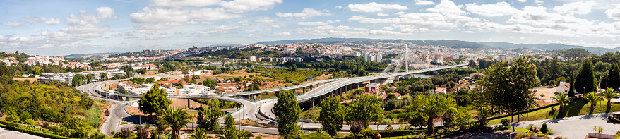 Panoramic overview of valley of river Mondego and Bridge of De Regenha Santa Isabel from Ponte Rainha near Coimbra, Portugal