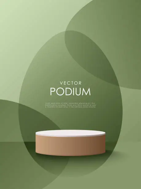 Vector illustration of Easter green background podium with wooden elements for displaying products, advertising banners and posters. Podium for cosmetics, perfumes and jewelry.