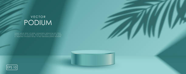 istock Mockup of a turquoise podium with shadow from palm branches. Studio showroom pedestal, showcase mockup stage. 3d vector podium for product presentation. 2083571850