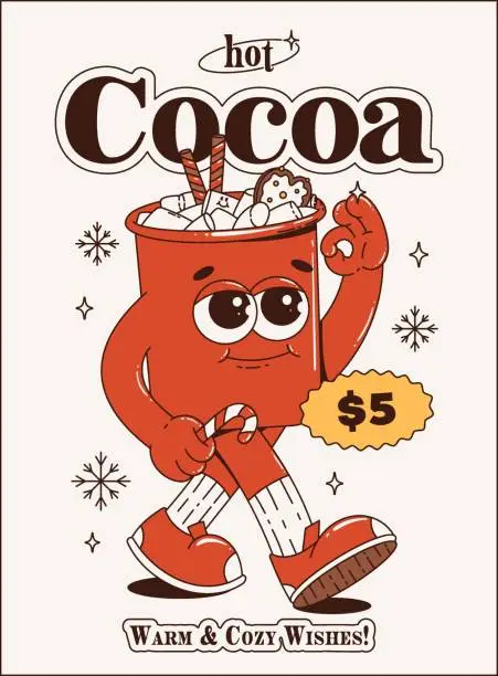 Vector illustration of Christmas retro groovy poster with hot cocoa. Trendy mascot character. Merry Christmas and happy new year. Vector illustration.
