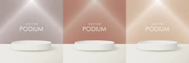 Vector illustration of A set of vector round background podiums with lighting in beige tones for demonstrating various products. Podium background for marketing presentations, product trading cards design.