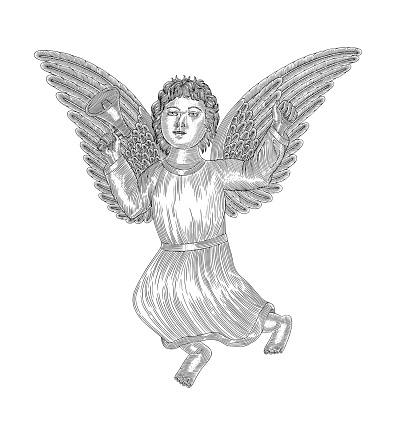 Cupid angel with megaphone, vintage engraving drawing style illustration