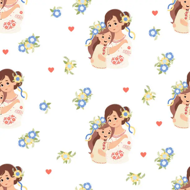 Vector illustration of Seamless pattern with happy Ukrainian woman with daughter in traditional clothes embroidered shirt on white background with yellow-blue flowers. Vector illustration. Cultural national character