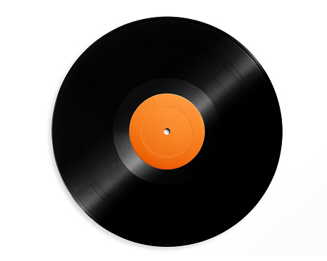 Vinyl record  with a blank orange sticker isolated on whitw background