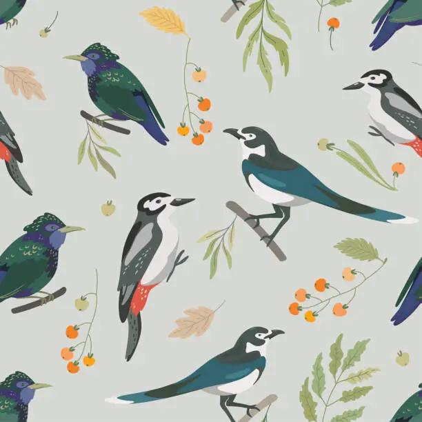 Vector illustration of Seamless pattern with forest birds, leaves and berry. Woodpecker, starling, magpie.