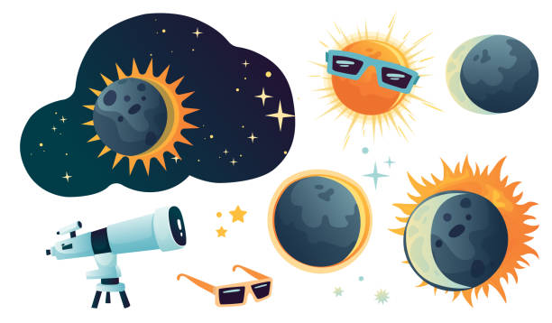 set of space and solar eclipse. - hand held telescope binoculars moon space stock illustrations