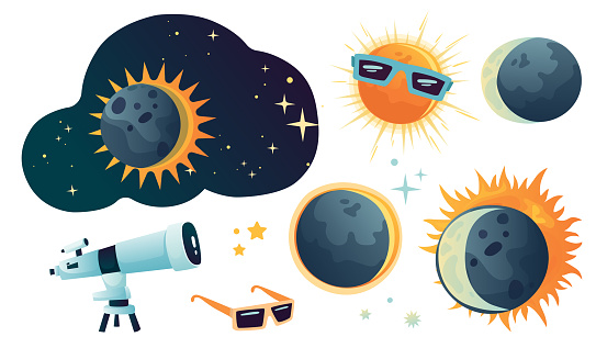 Set of space and solar eclipse. Cute illustration in flat style for children. Suitable for astronomy, decoration and stickers.