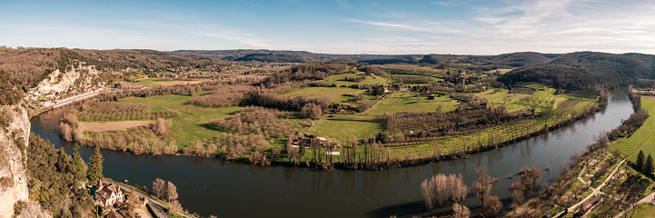 Panoramic view of the Dordogne valley and river as it flows past the village of La Roque-Gageac in France
