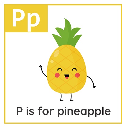 Fruit and vegetable alphabet flashcard for children. Learning letter P. P is for pineapple.