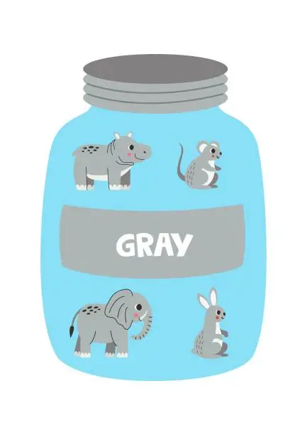 Vector illustration of Learning basic colors for preschool kids. Colorful glass jars. Gray colour.