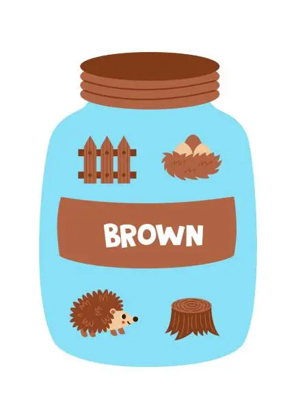 Vector illustration of Learning basic colors with colorful jars. Worksheet for kids. Brown color.