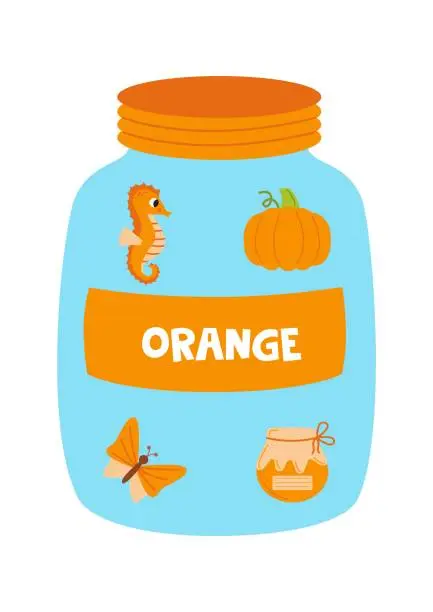 Vector illustration of Learning basic colors with colorful jars. Worksheet for kids. Orange color.