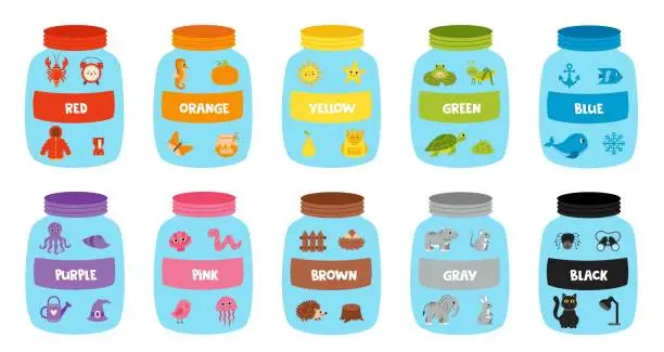 Vector illustration of Learning basic colors with. Jars with colorful lids. Color jars. Worksheet for kids.