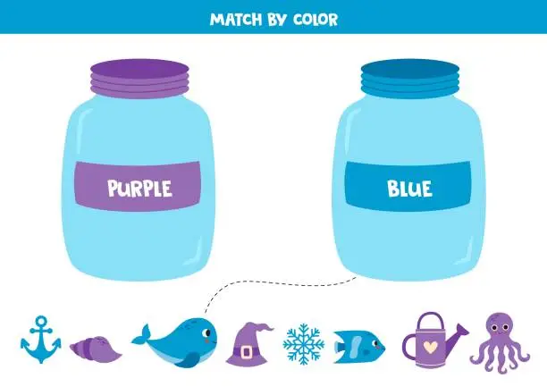 Vector illustration of Learning basic colors for preschool kids. Sort by color. Purple or blue.