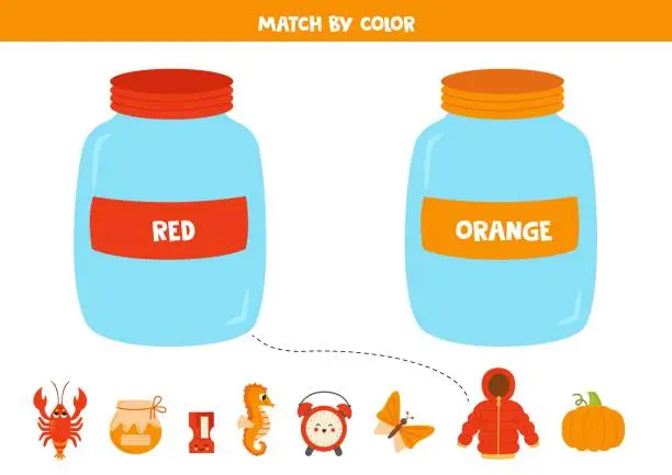Vector illustration of Learning basic colors for preschool kids. Sort by color. Red or orange.