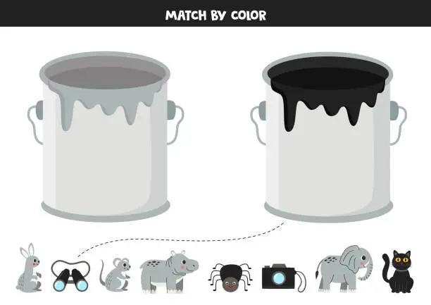 Vector illustration of Learning basic colors for preschool kids. Sort by color. Gray or black.