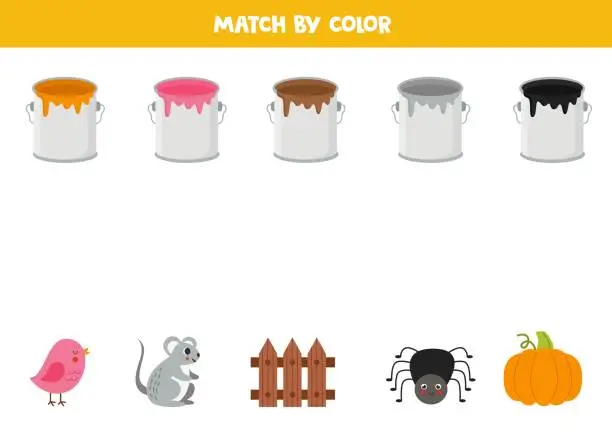 Vector illustration of Color matching game for preschool kids. Match paint cans and objects by colors.