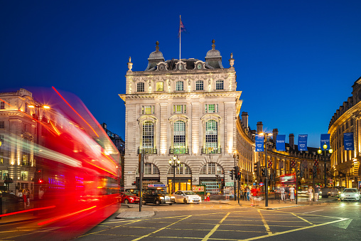 July 3, 2018: Night view of piccadilly circus, a road junction and public space located in the City of Westminster, London, UK, and was built in 1819 to connect Regent Street with Piccadilly.