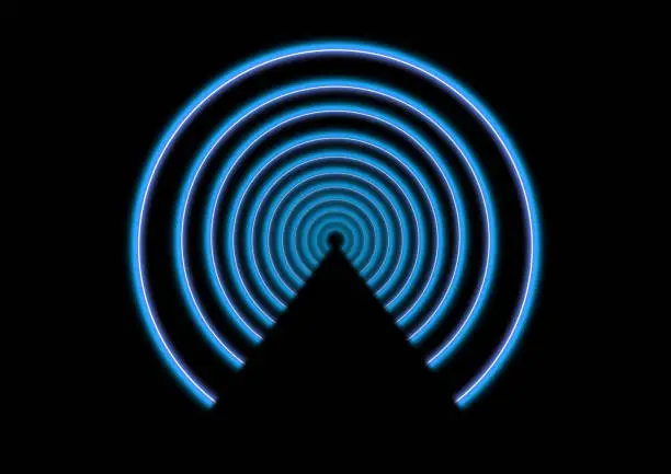 Vector illustration of Futuristic light tunnel with circles glowing blue with black backdrop.