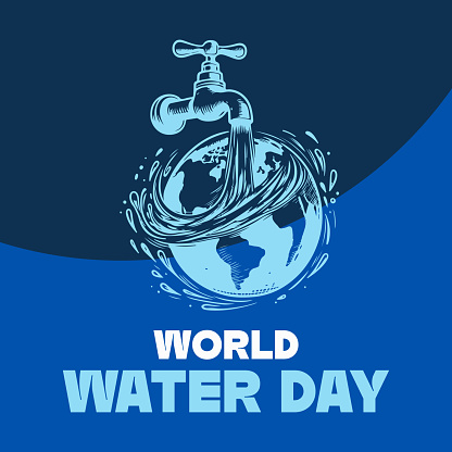 World Water Day - 22 March, Hand-Drawn Sketch Globe With a Tap From Which Water is Flowing