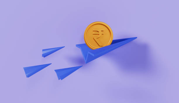 istock Paper Plan Flying with Rupee Coin on Pastel Color Background 2083623515