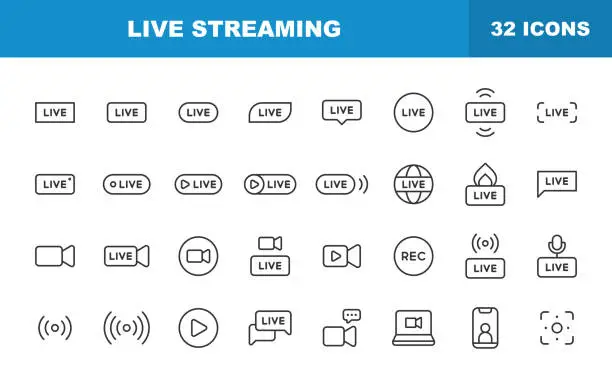 Vector illustration of Live Streaming Line Icons. Editable Stroke. Contains such icons as Live Streaming, Web Streaming, Broadcasting, Podcast, Television, Sport, Screen, Film, Movie, Social Media, Influencer.