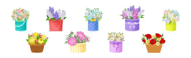 Vector illustration of Bunch of Flowers in Bright Box and Basket as Gift Vector Set