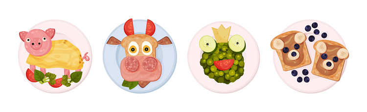Food for Kids on Plates Serving Ideas Top View Vector Set. Appetizing Childish Meal